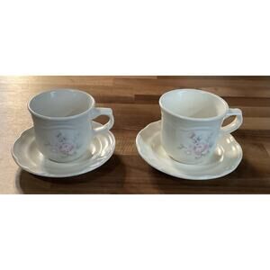 Set 2 Pfaltzgraff Stoneware Pink Floral Tea Rose Pattern Coffee Cups & Saucers